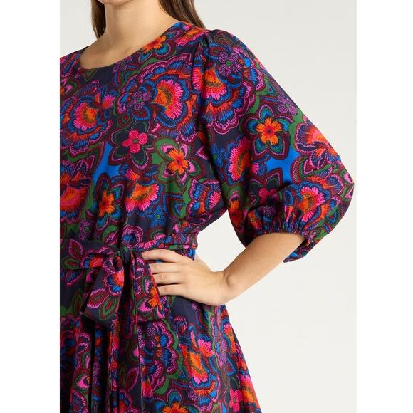 Sugarlips NWOT Rainbow Floral Print Crew Neck Button Tie Waist Mini Dress Small - Picture 4 of 11